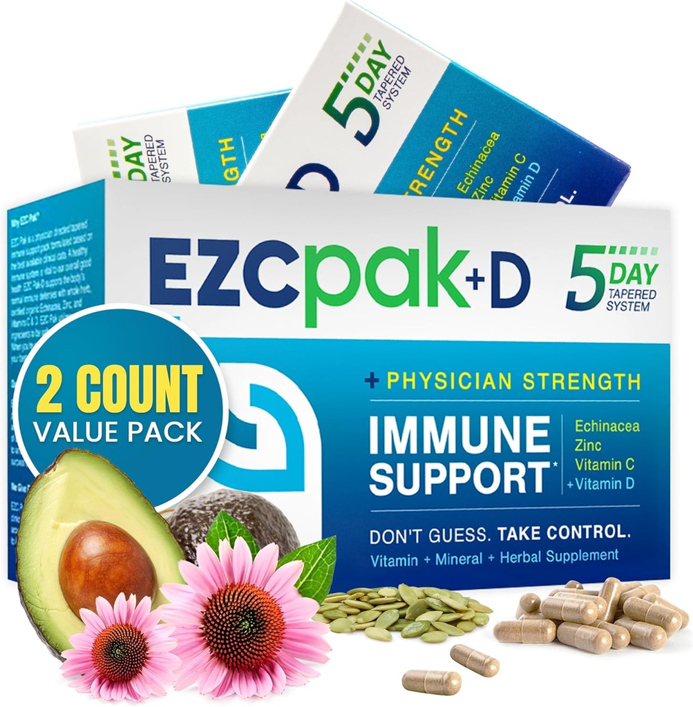 EZC Pak 5-Day Immune System Booster con Echinacea, Vitamina C, Zinc &amp; Vitamina D - Tapered Immune Support Supplement for Adults - Support Immunity, Easy Travel-Size Supplement Pack - (Pack of 2)
