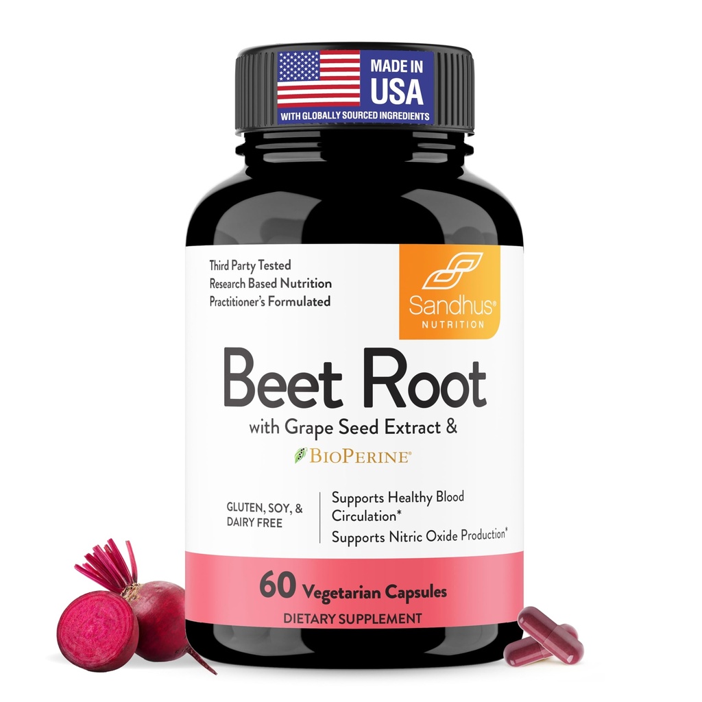 Sandhu's Beet Root Powder Capsules with Bioperine sometida Beetroot with Black Pepper &amp; Grape Seed Extract Anterior 60 Capsules, 30 Days Supply Previous Made in The USA