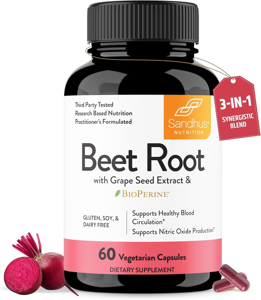 Sandhu's Beet Root Powder Capsules with Bioperine| Beetroot with Black Pepper & Grape Seed Extract| 60 Capsules, 30 Days Supply| Made in The USA