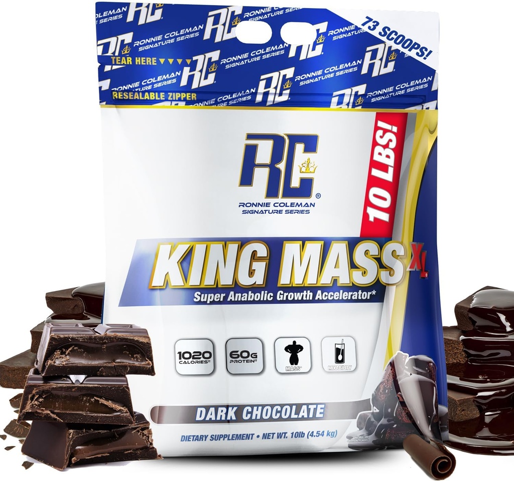 Ronnie Coleman Signature Series King Mass XL Mass Gainer Protein Powder – Dark Chocolate Weight Gainer con 60g Protein, 180g Carbohydrates, 1000+ Calories, Creatine &amp; Glutamine – 10 libras