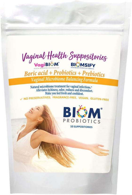 Biom Probiotics Prebiotics Boric acid Suppositories . Feminine Health Probiotic for Infections & pH Essentials VEGAN,PARABEN-FREE (10)