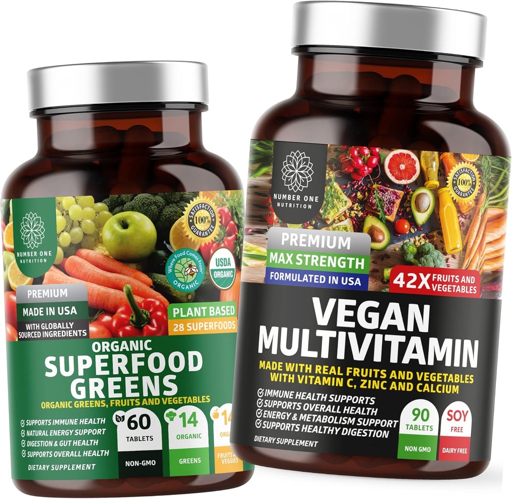 Número 1 Nutrición N1N Premium Multivitamina basado en plantas [86 Ingredientes potentes] y Ecológicos Superalimentos Verdes [28 Ingredientes potentes], para apoyar la salud de Gut y bienestar general, 2 Pack Bundle