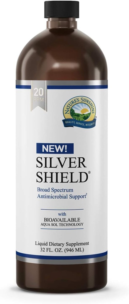 Sunshine Silver Shield Liquid, 32 Fl Oz ← Colloidal Silver Liquid con Aqua Sol Technology Proporciona soporte y protección inmune
