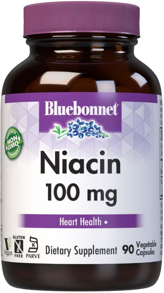 Bluebonnet Niacin 100mg Vitamina B3 Ácido Nicotínico - Heart Health Support for Women &amp; Men* - Non-GMO, Vegan, Kosher, Gluten-Free, Soy-Free, Dairy-Free Flush Niacin Suplemento - 90 cápsulas vegetales