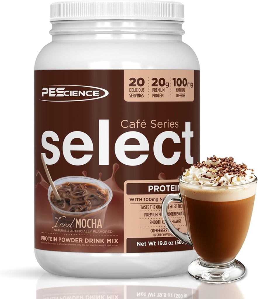 PEScience Select Cafe Protein Coffee Flavored Powder, Iced Mocha, 100 mg de cafeína, 20g de pollo de proteína picada o crema, 20 piezas