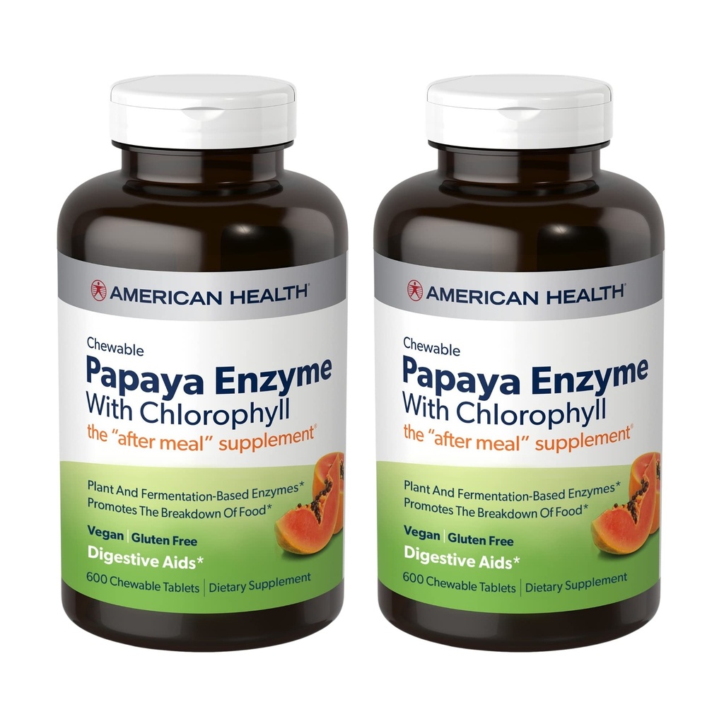 American Health Papaya Enzyme with Chlorophyll Chewable Tablets, 2 Pack - Promotes Nutrient Absorption, Helps Digestion and Freshens Breath - Gluten-Free, Vegetarian - 600 Tablets, 400 Total Servings