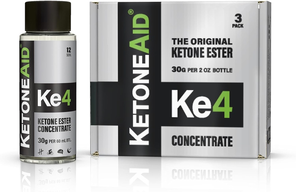 KetoneAid Ke4 Ketone Ester Concentrate  Not a Ketone Salt, No Sugar, No Caffeine ← Exogenous D-BHB Ester ← 12 Serving Per Bottle (3 Count)