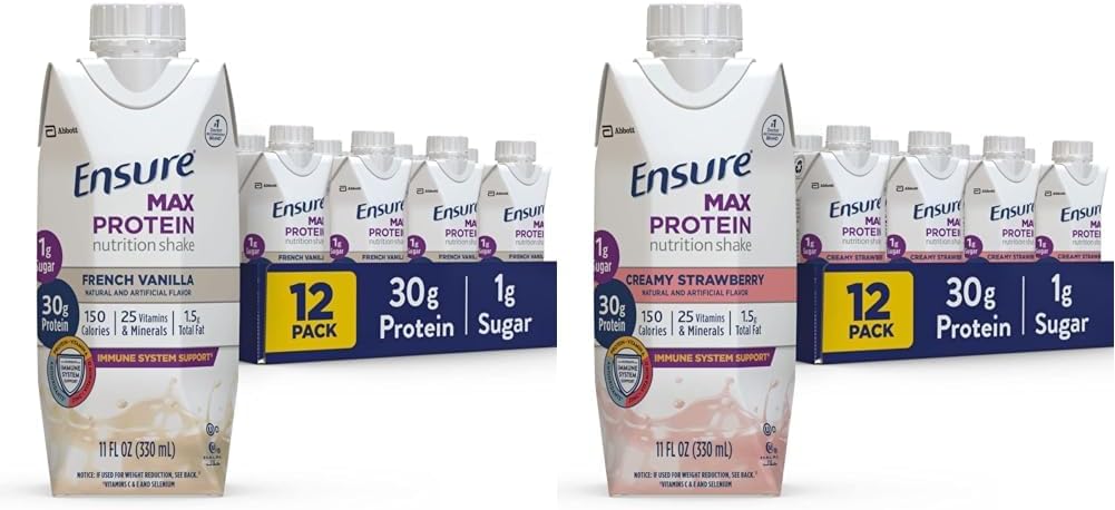 Ensure Max Protein Nutrition Shake with 30g of Protein & Max Protein Nutrition Shake with 30g of Protein, 1g of Sugar, High Protein Shake, Creamy Strawberry, 11 fl oz, (Pack of 12)