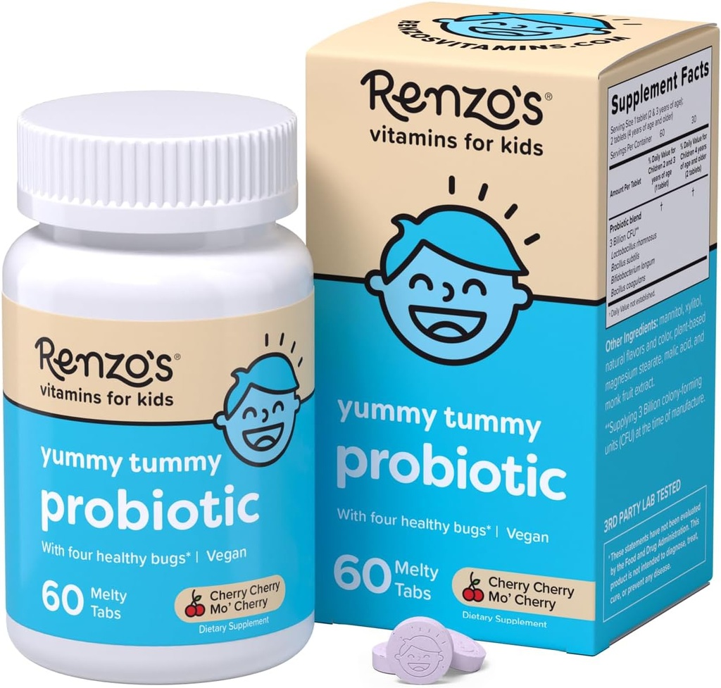 Probióticos de Renzo, Probióticos Dissolvables para la Salud Digestiva & Apoyo Inmunitario, 60 Tapas de Melty con sabor a cereza