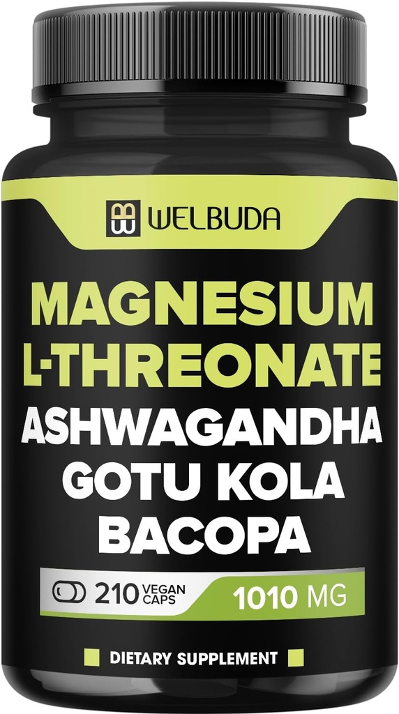 Magnesium L-Threonate Capsules 1010mg - 210 Capsules - Blended with Ashwagandha Root, Gotu Kola Leaf &amp; More