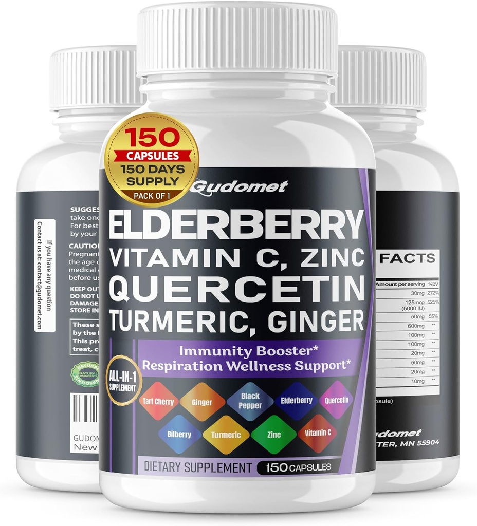 Elderberry Quercetin Bilberry Turmeric Tart Cherry Ginger Vitamina C Vitamina D3 Zinc Black Pepper -150 cápsulas- Hecho en EE.UU.