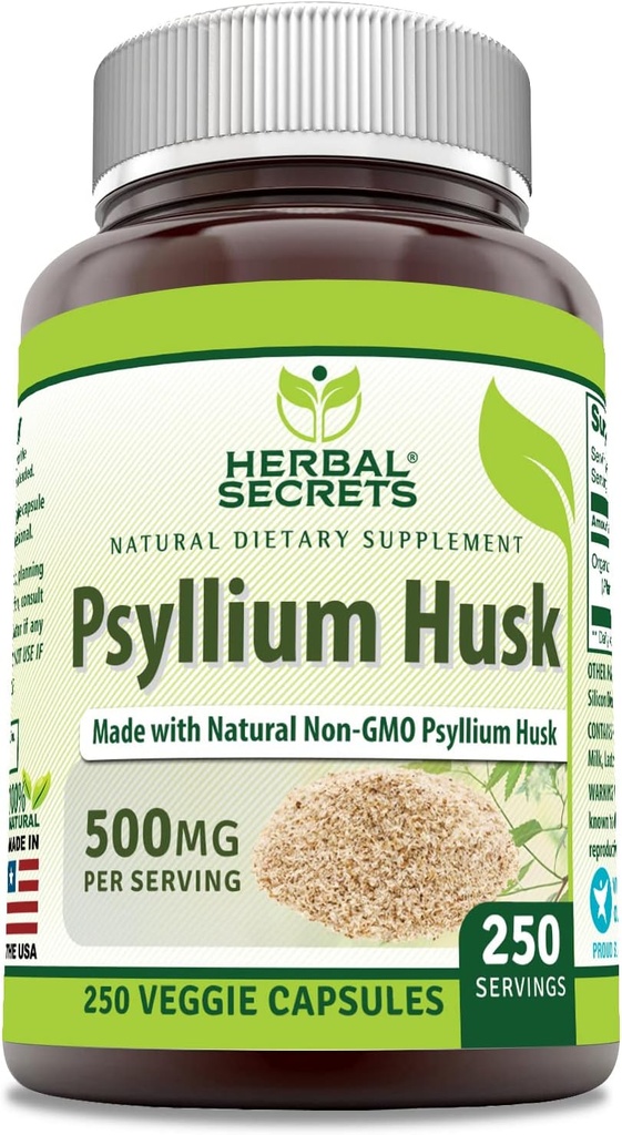 Herbal Secrets Psyllium Husk Suplemento Silencio 500 Mg Silencio 250 Veggie Capsules Silencio No-GMO Silencio Gluten Gratis Silencio Made in USA