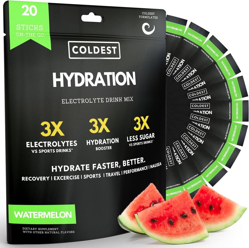 Hidratación Coldest - Electrolytes Packets de Polvo - No GMO &amp; No Sugar Artificial - Electrolyte Drink Mix - Easy Open Single-Serving Stick Drop in Water - 20 Sticks per Pack (Watermelon)