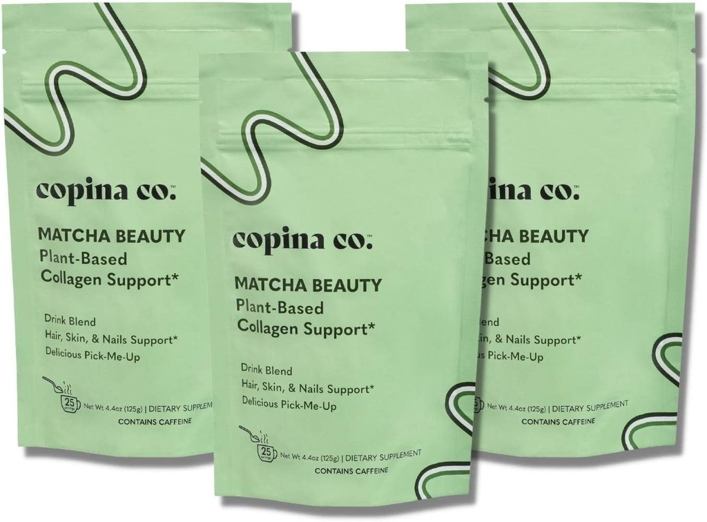 Copina Co. Matcha Beauty Vegan Collagen Booster Drink Blend: Plant Based Collagen Support Smoothie Drink Vegan Creamy Blend ← Matcha Flavor ← 3 Bolsas - 25 Serviciones por Bolsa