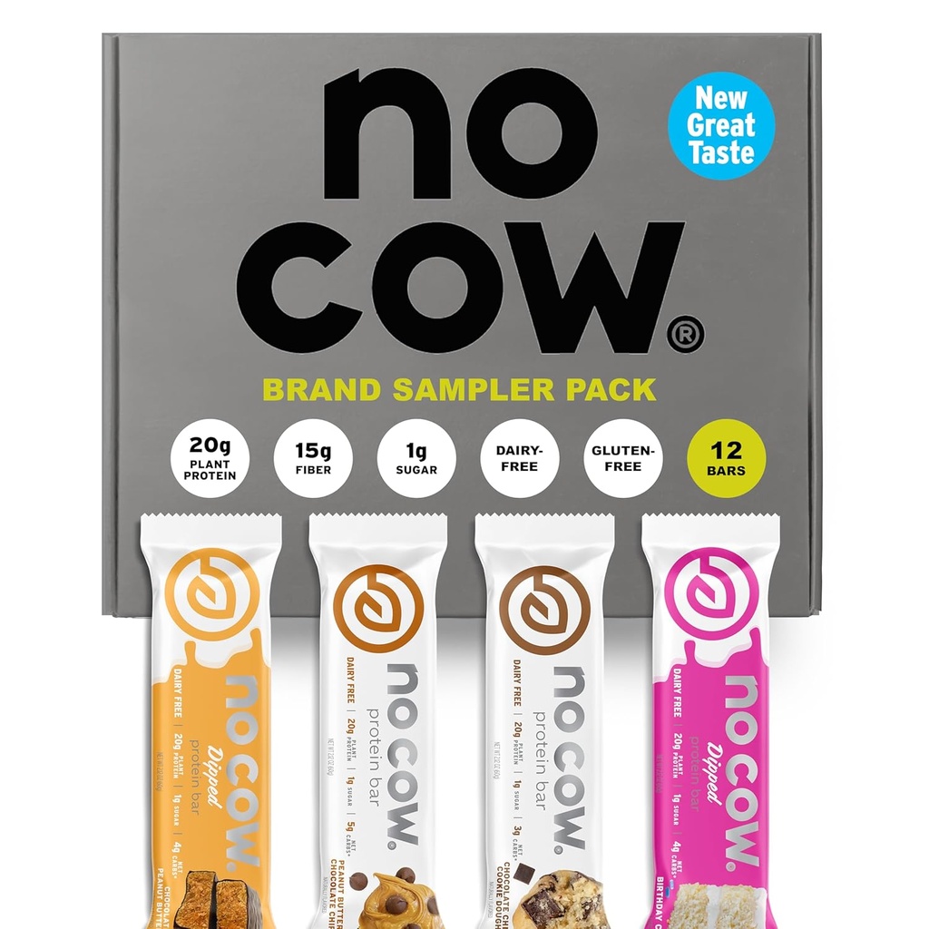 Ninguna vaca barras de proteína vegana, paquete de muestreo de marca mejorado Ø 20g Proteína basada en plantas, sin gluten, libre de lácteos, libre de soja, Keto Friendly, bajo azúcar, barras de alta fibra de Snack