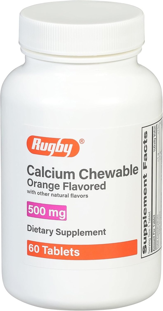 Rugby 500mg Calcium Chewable Tablets - Suplemento dietético - Orange Flavored - 60 Cuenta (1 Pack)