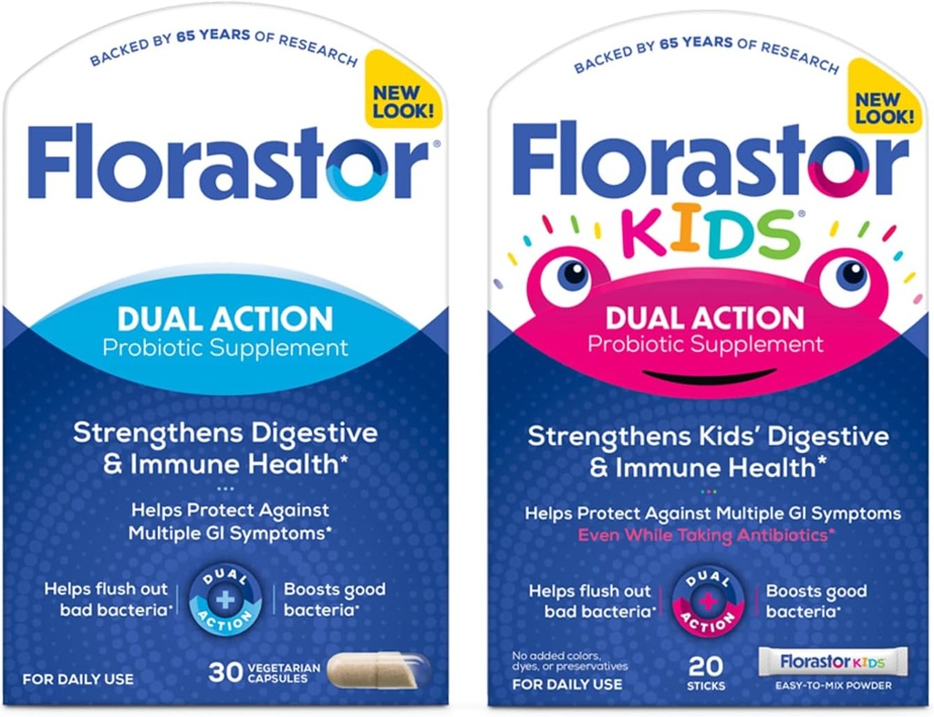 Florastor Family Probiotic Bundle - 30 ct. Probiotic for Digestive + Immune Health &amp; 20 ct Kids Daily Probiotic - Unflavored Powder Sticks - Boost Good Bacteria & Flush Out The Bad
