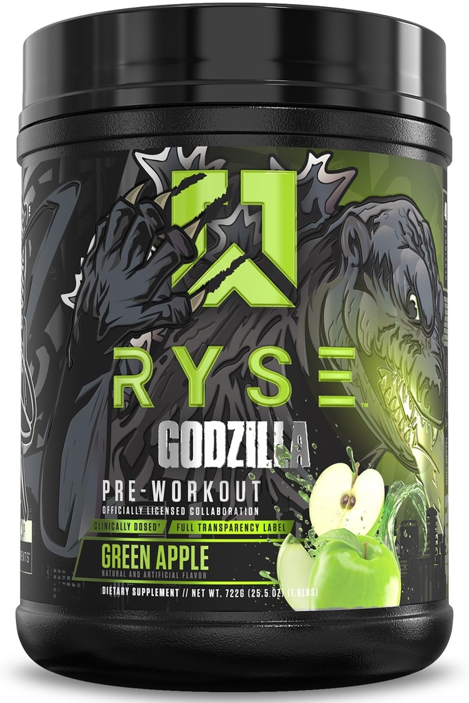 RYSE Godzilla X Noel Deyzel Pre Workout Powder - Green Apple - 400mg Caffeine, High Stim Pre-Workout para Hombres " Mujeres con Citrulline " Beta Alanine - Energía, Bomba " Focus - 20/40 Servings