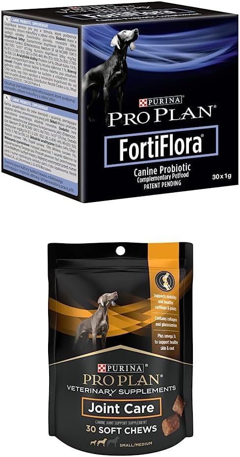 Paquete de Purina Pro Plan Suplementos Veterinarios FortiFlora Dog Probiotic Suplemento - 30 ct. Cajas + Plan Purina Pro Suplementos Veterinarios Cuidado Conjunto para perros pequeños de raza Hip y Conjunto 30ct