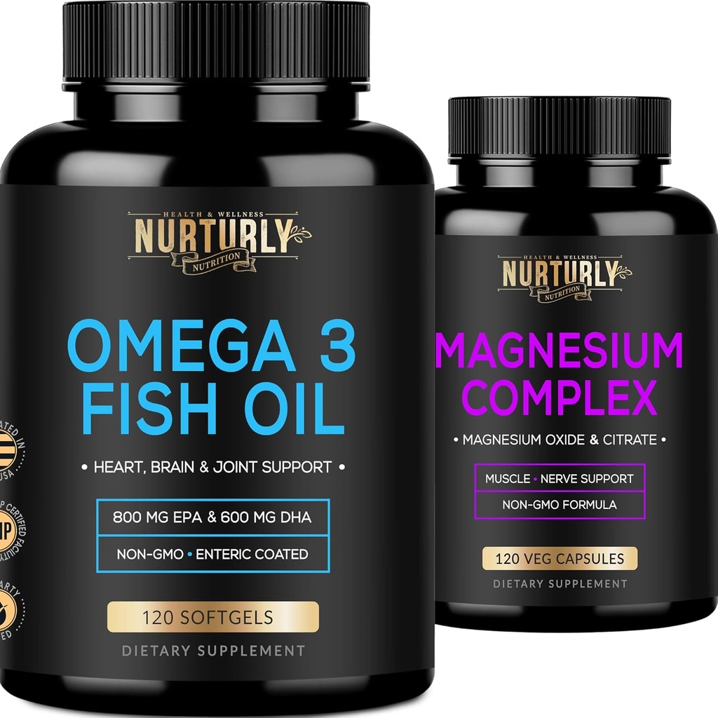 Complejo de magnesio y aceite de pescado Omega 3 - Citrato de magnesio 500MG – aceite de pescado 2000mg, 800 mg EPA y 600 mg DHA - relajación muscular, sueño y energía, salud ósea, cerebro y corazón
