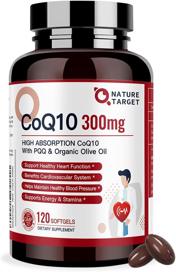 NATURE TARGET CoQ10-300mg-Softgels + PQQ con Orgánica-Olive-Oil - Alta Absorción-Coenzyme-Q10 - Antioxidante-por-Heart-Health y Apoyo Inmunitario, Producción Energética, 120 Servimientos