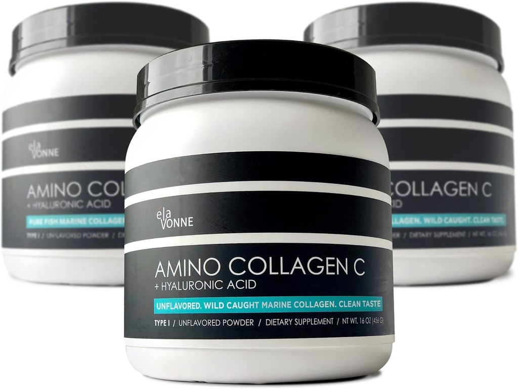 (3-Pack) Amino Collagen C - Colagen Powder (180 Scoops) - Marine Collagen Peptides + Ácido Hialurónico. No Sugar. No Odor. No GMO. EE.UU. para el cabello, la piel, las uñas, las articulaciones, " Gut Health.