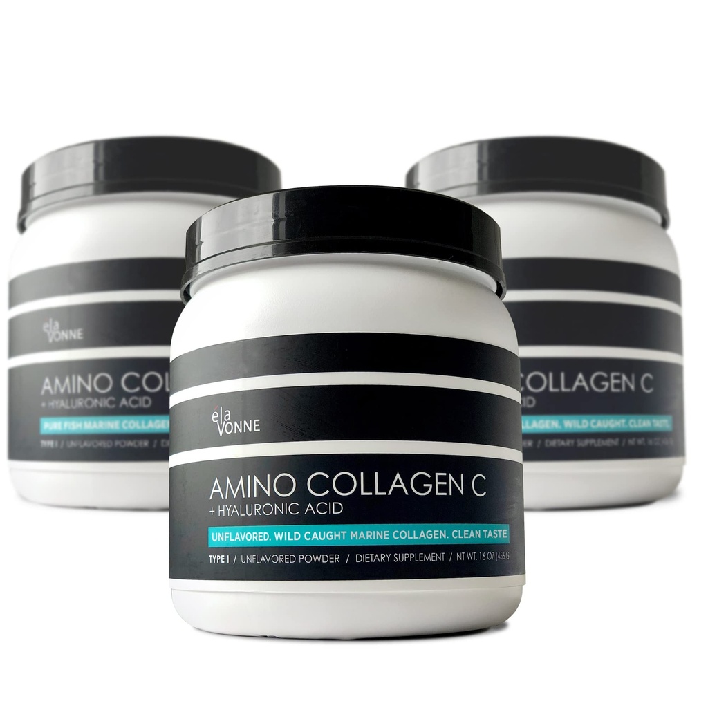 (3-Pack) Amino Collagen C - Collagen Powder (180 Scoops) - Marine Collagen Peptides + Hyaluronic Acid. No Sugar. No Odor. Non GMO. USA. for Hair, Skin, Nails, Joints, & Gut Health.
