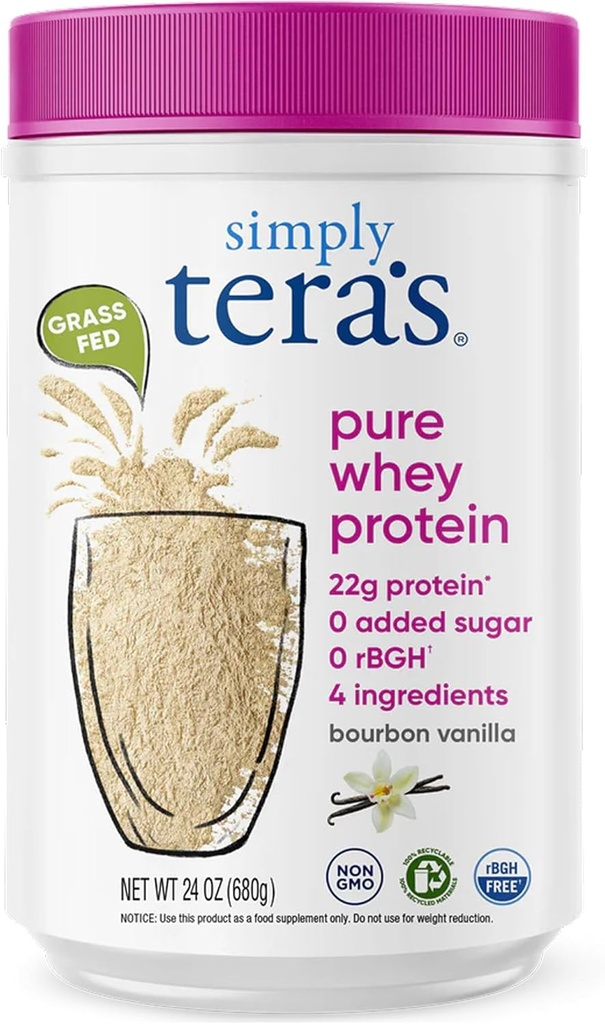 Powder de proteína pura de tera - Grass Fed Vanilla Whey Protein Powder, Clean, Made Without Artificial Sweeteners, Non-GMO, Kosher, rBGH-Free, Soy-Free - 24 Oz