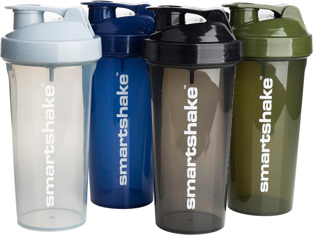 Smartshake Lite 4-Pack Protein Shaker Bottle 800 ml  durable 27 oz - Leakproof Screw-on Lid - BPA Gratis – Unisex - Mist Gray, Army Green, Black, Navy Blue