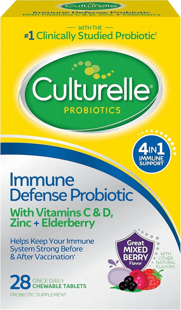 Culturelle Immune Defense Daily Probiotic for Women &amp; Men - 28 Cuenta, Mixed Berry Chewables con 4-en-1 Immune Support. Vitamina Probiótica C, Vitamina D y Zinc Plus Elderberry