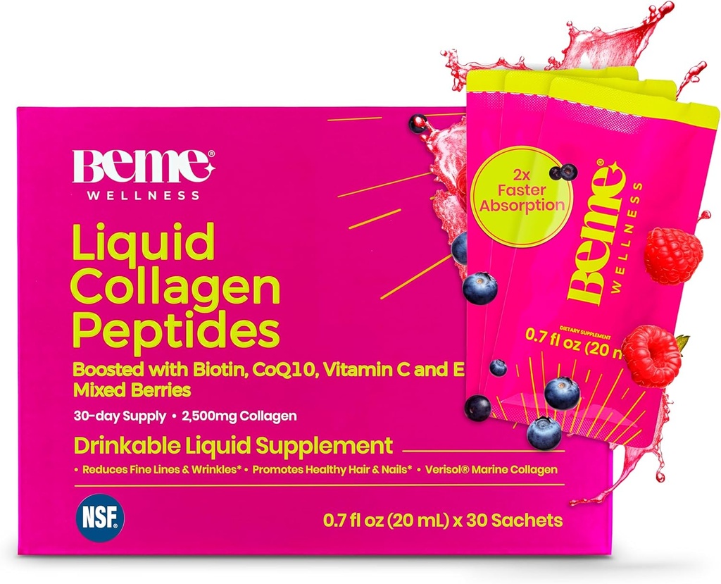 BeMe Liquid Collagen for Women - 2500mg Verisol hydrolyzed Marine Liquid Collagen - Suplementos de Collagen clínicamente probados - Absorción rápida, alta biodisponibilidad - Soportes Skin, Hair & Nails
