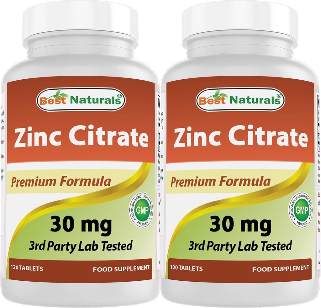 Best Naturals Zinc 30mg Supplements (as Zinc Citrate) - zinc Vitamins for Adults Immune Support - 120 Tablets (120 Count (Pack of 2))