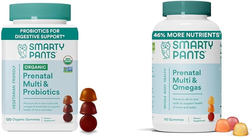 SmartyPants Organic Prenatal Vitamins for Women Multivitamin Gummies Bundle: Probiotics, Biotin, Methylfolate, Omega 3, Vitamin D3, B12, B6, A, K & Zinc, 120 Count
