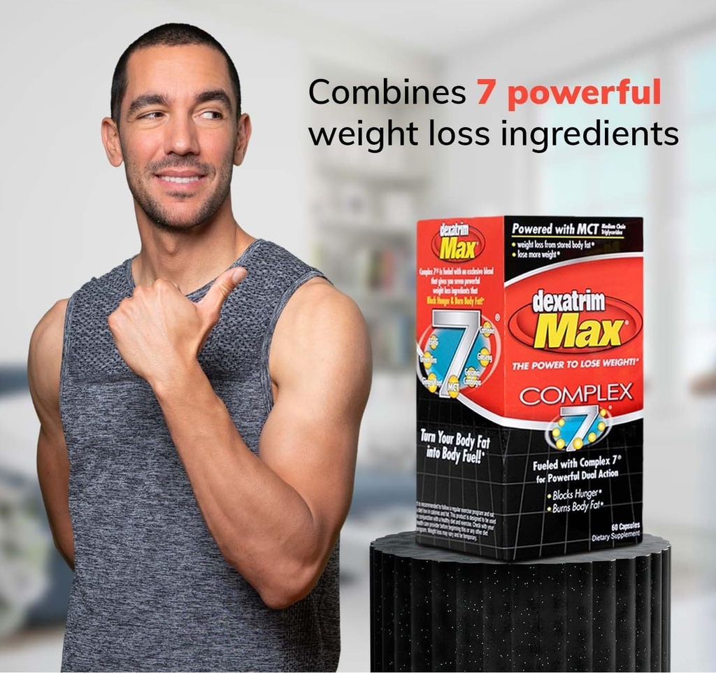 ILIOS Dexatrim Max Complex-7 tención píldoras para perder peso - 7 potentes ingredientes para reducir el hambre y grasa corporal, suplementos de quemador de grasa, píldoras para perder peso para hombres, 1 paquete w / 60 cápsulas