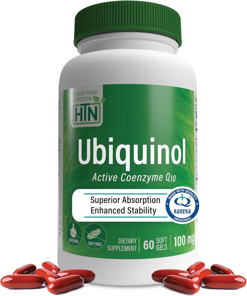 Health Thru Nutrition Ubiquinol 100mg 60 Softgels as Kaneka QH Reduced CoQ-10 TEN Stabilized - 3rd Party Tested ¦ Enhanced Bioavailability ← Cardiovascular &amp; Mitocondria Function Support ← Non-GMO