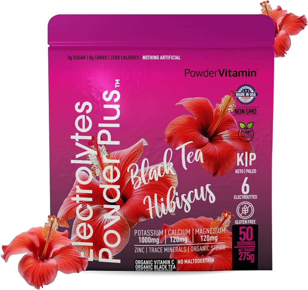 PowderVitamin Electrolytes Powder Plus (50 Servings) Black Tea Hibiscus Electrolyte Powder Keto, Sugar Gratis, Rosa Himalayan Salt, 1000mg Potasio, 120mg Calcio,120mg Magnesio, Hidration Powder