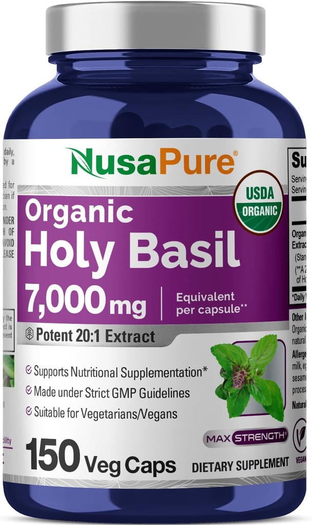 NusaPure USDA Organic Holy Basil Capsules 20:1 Extracto, 350 mg Equivalente a 7.000mg Silencio 150 Vegan Caps  Tulsi Holy Basil Leaf Extract ← 2.5% Ursolic Acid 