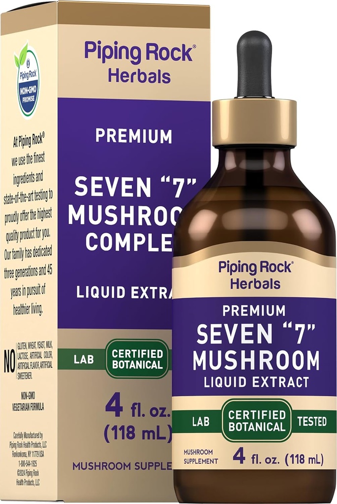 Piping Rock Mushroom Complex Liquid Drops ← 4 Fl Oz TENIDO 7 en 1 TEN Maitake, Shiitake, Reishi, Chaga, Cordyceps, Lion's Mane & Oyster Mushrooms TEN Vegetarian Tincture Silencioso No GMO, Gluten Free