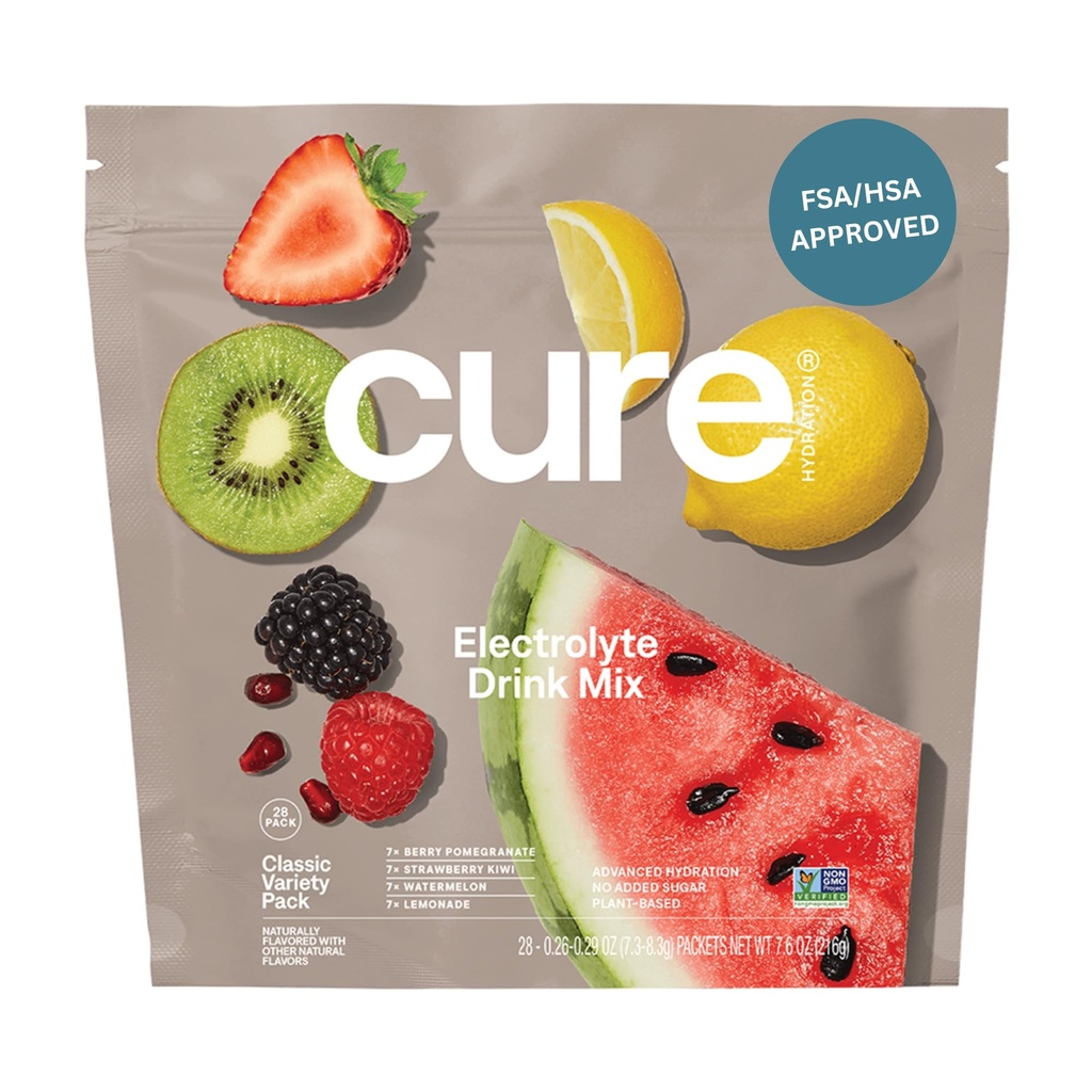 Cure Hydration | Plant-Based Electrolyte Drink Mix | No Added Sugar | FSA-HSA | Dehydration Relief Powder Made with Coconut Water | Non-GMO | Vegan | 28 Packets - Variety Pack