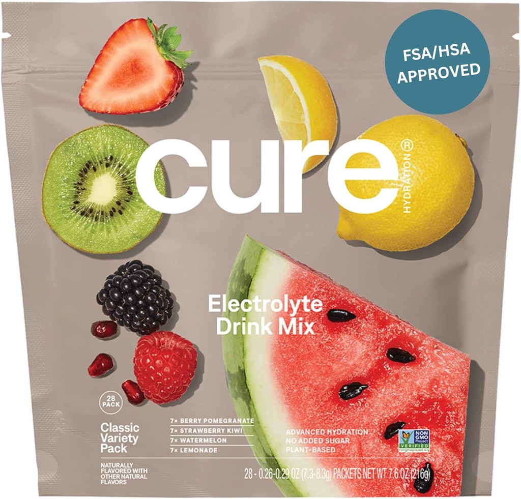 Cure Hydration ¦ Plant-Based Electrolyte Drink Mix ← No Añadido Sugar ← FSA-HSA ← Dehydration Relief Powder Made with Coconut Water ← Non-GMO Silencio Vegan Silencio 28 Packets - Vaiety Pack