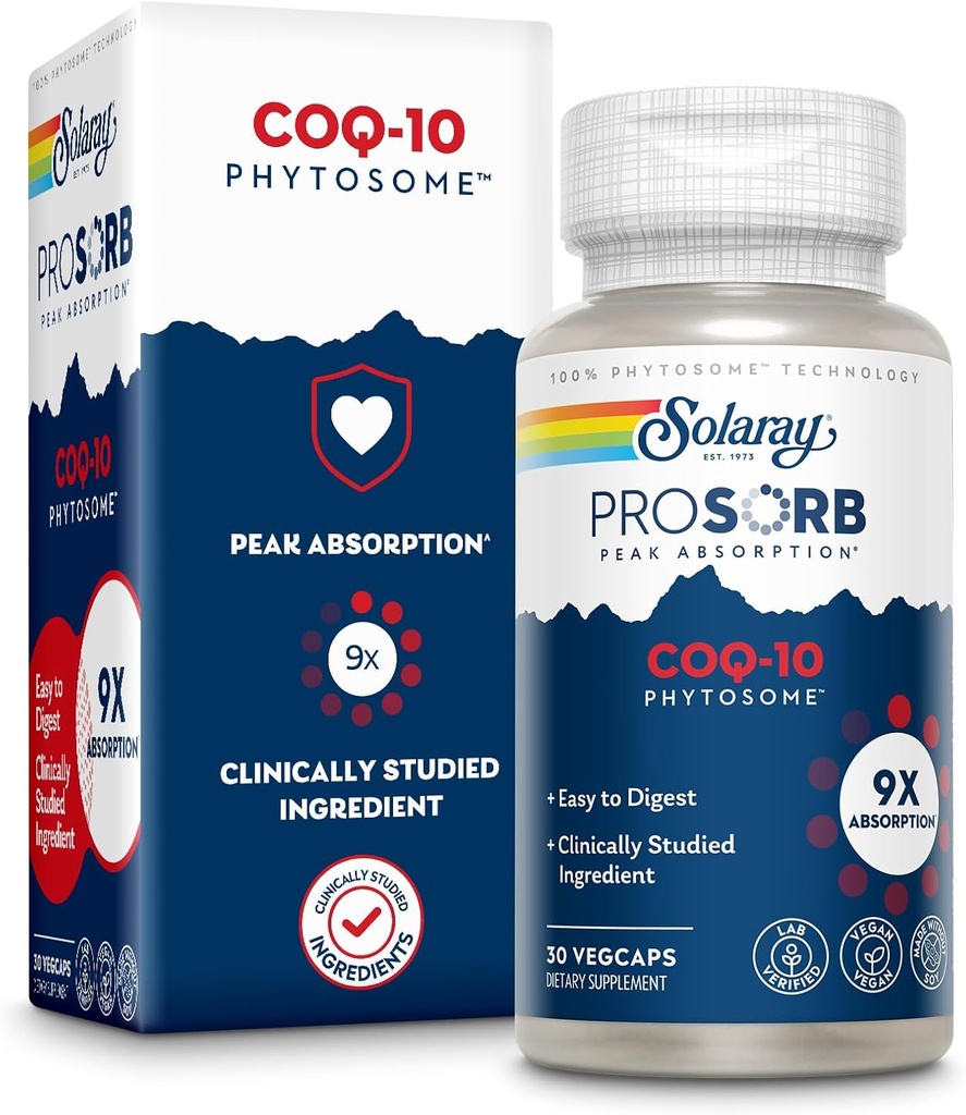SOLARAY CoQ-10 Phytosome - 9X Absorption CoQ10 200mg - Easy-to-Digest Antioxidants Suplemento - Vegan y Hecho Sin Soy - Garantía de 60 días - 30 Servimientos, 30 VegCaps