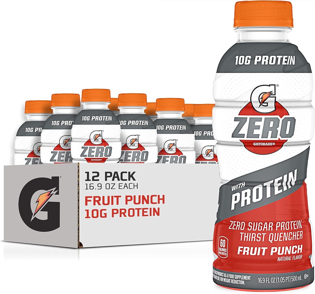 Gatorade Zero Con Protein, 10g Whey Protein Isolate, Zero Sugar, Electrolitos, Fruit Punch, 16.9 Fl Oz, 12 Pack