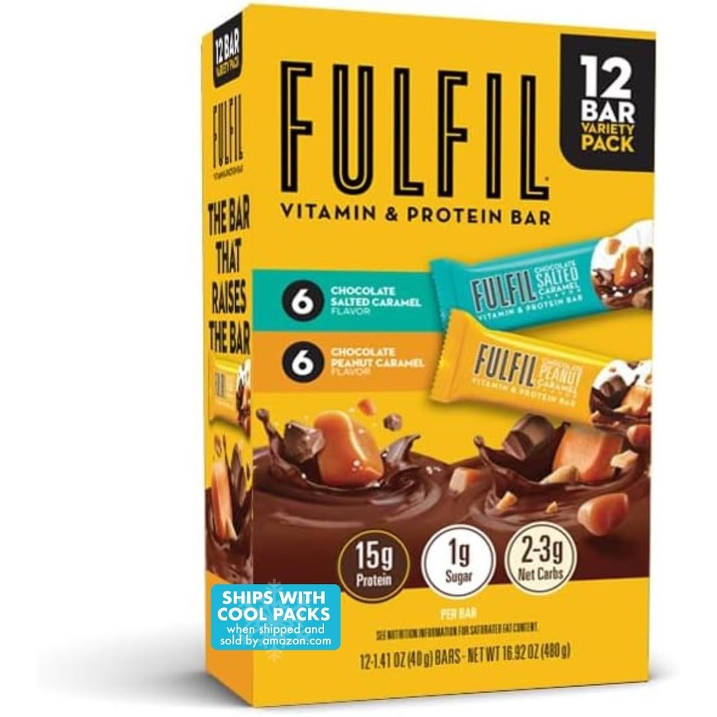 FULFIL Protein Snack Bars, 6 Chocolate Peanut and Caramel & 6 Chocolate Salted Caramel, 15g Protein, Pantry Staples, 12 Count