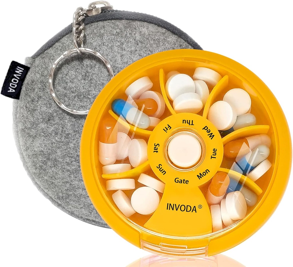 INVODA Organizador semanal de píldoras 7 Caja de píldoras rotativas para medicamentos diarios & vitaminas - Caja de píldoras de viaje portátil Suplementos de aceite de pescado Vitaminas Organizador (Orange+Bag)