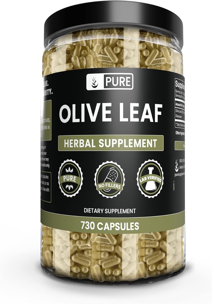 PURE ORIGINAL INGREDIENTES Hoja de oliva (730 cápsulas) No hay magnesio o explosivos de arroz