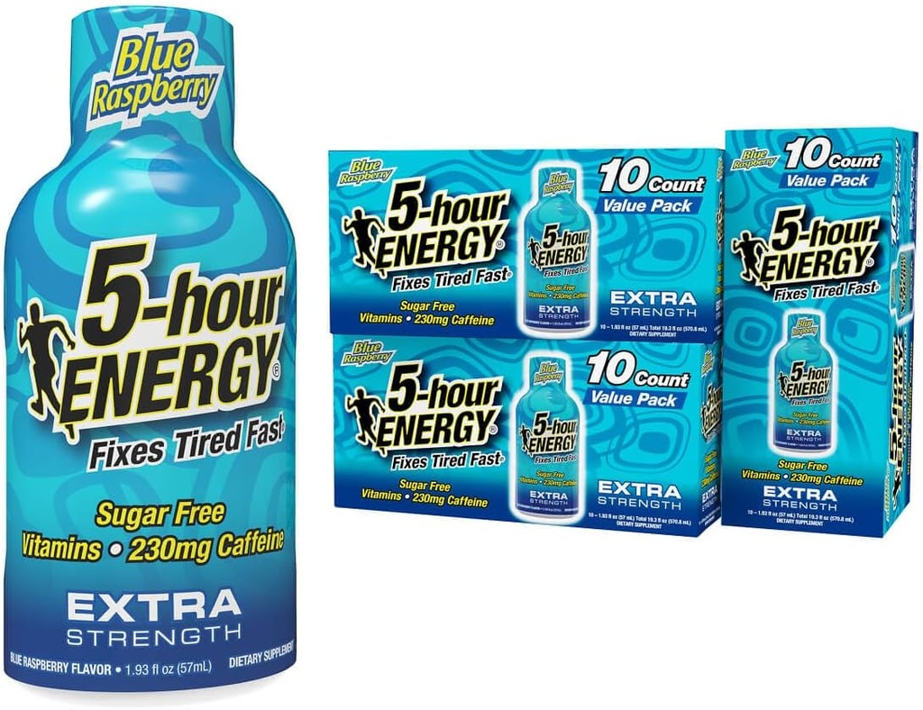 5 horas ENERGÍA Shots Extra Strength, Blue Raspberry Flavor, 30 Cuenta, 1,93 Fl Oz, Sugar Gratis, Cero Calories, Aminoácidos y Vitaminas B Esenciales, Suplemento dietético, Alerta y Energizado, 230 mg Caffeine