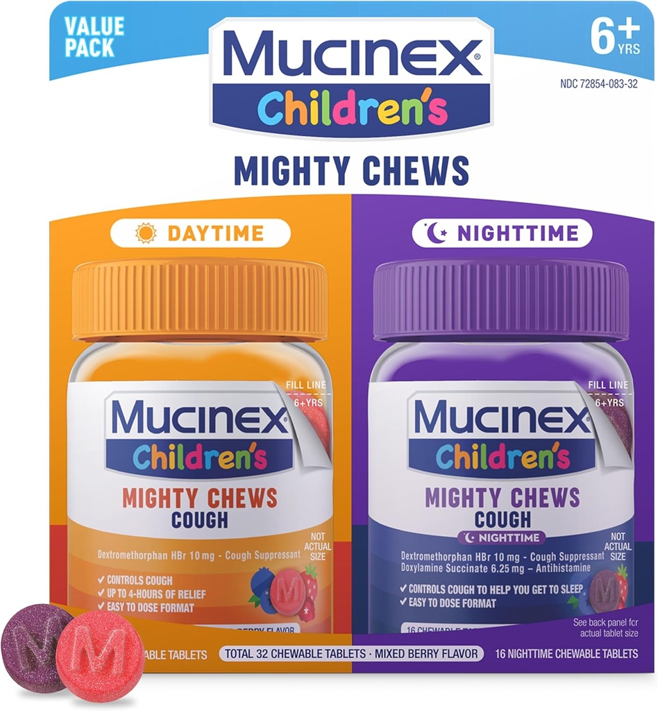 Mucinex Niños poderosos Piscinas Niños Pisto Medicina Daytime y Nighttime Value Pack, Easy to Dose Cough Suppressant for Kids with Dextromethorphan, Mixed Berry Flavor, 32 Medicated Chewable Tablets