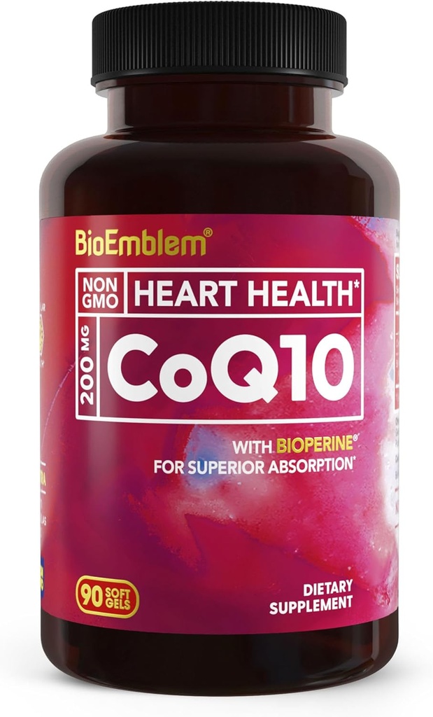 BioEmblem CoQ10 con BioPerine - 200 mg Softgels, alta absorción - Coenzima Q10 Antioxidante para la producción de energía, salud cardíaca - forma natural, no GMO CoQ10 Suplemento - 90 Conde