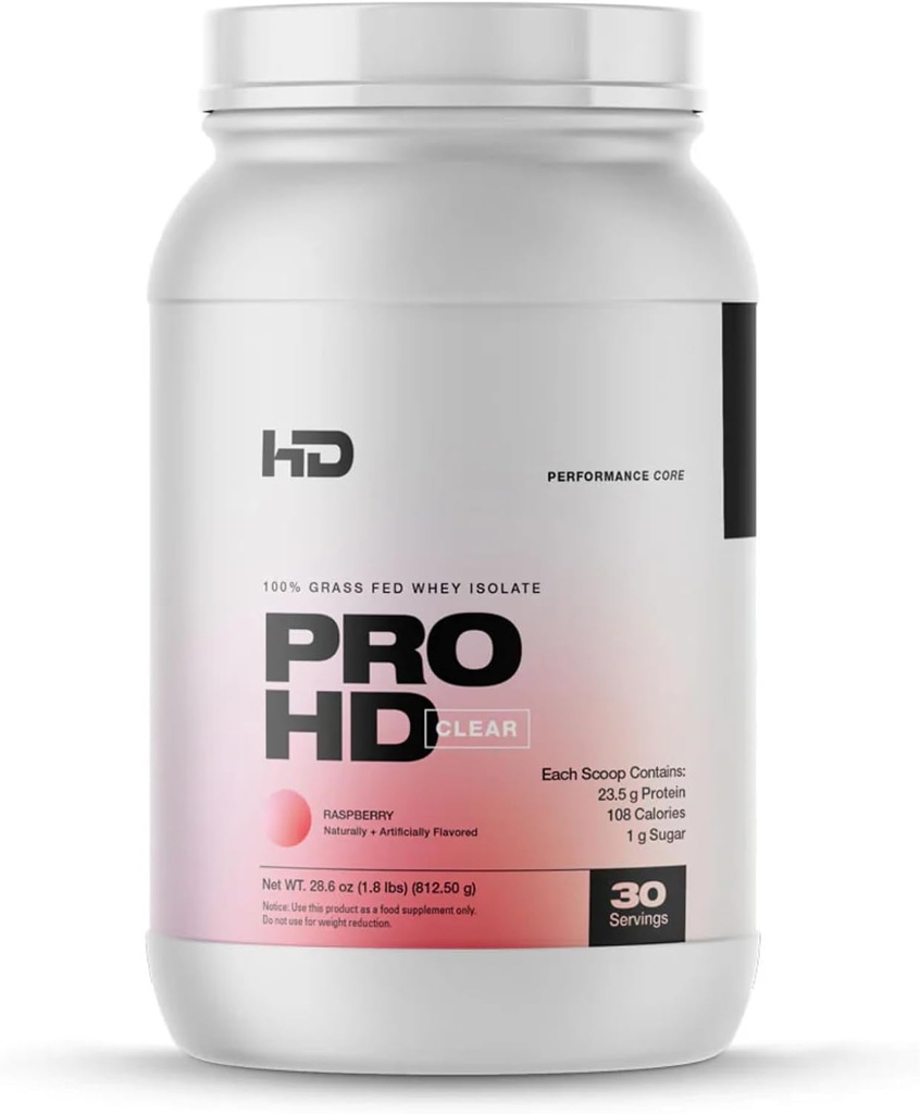 HD MUSCLE ProHD Clear Whey Protein Powder ← 100% Grass Fed Whey Isolate  23.5g Protein ANTE Bajo Azúcar, Gluten Gratis, Fácil de digerir 30 Servings (Raspberry)