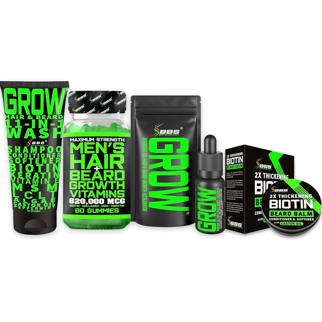Kit de Crecimiento de la barba w / Crecimiento del cabello Biotina Vitaminas + GROW 11-in-1 Shampoo de Crecimiento del cabello w / Biotina + 2X Espesor de mostaza para hombres + GROW Crecimiento de la barba aceite para hombres - Formulado en América